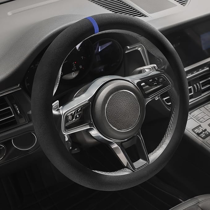 Suede Steering Wheel Cover with Upgraded Silicone Inner Ring, Breathable, Anti-Slip, Leather Universal 14.5 to 15 Inch Steering Wheel Cover (Black with Blue Mark)