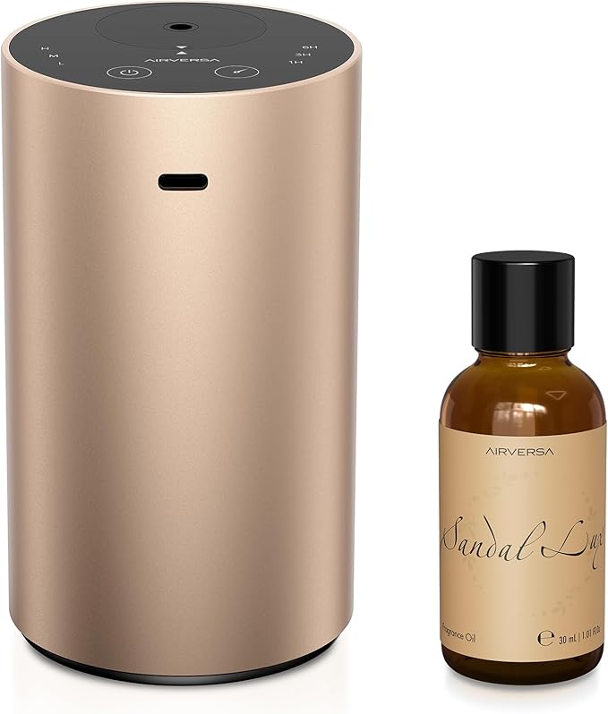 Airversa Waterless Essential Oil Diffuser Starter Kit with 30mL Sandal Lux Fragrance Oil, Battery Operated Mini Scent Air Machine Portable Diffuser for Home Car Office, Desert Titanium ADX Kit