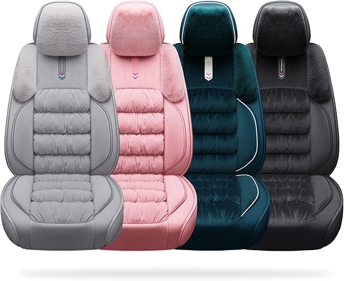 AOOG Fuzzy Leather Car Seat Covers Full Set, Heated Front Bench Back Cushion Protector for Cars SUV Trucks (Full Set,Grey)