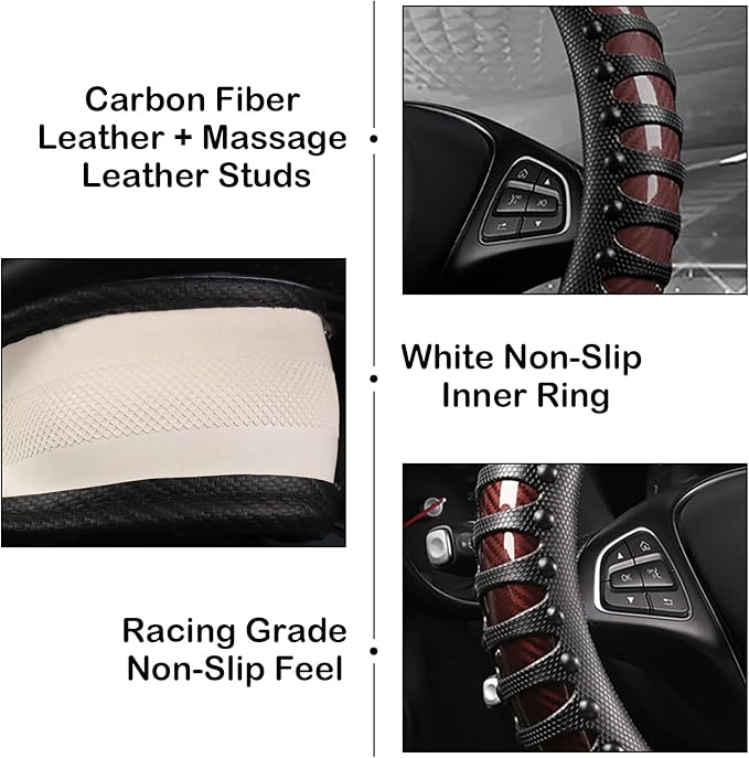 3D Massage Car Steering Wheel Cover,14.5-15 Inch Universal Brown Carbon Fibre Leather Covers Breathable Anti-Slip Odorless Steering Wheels Accessories for Men Women