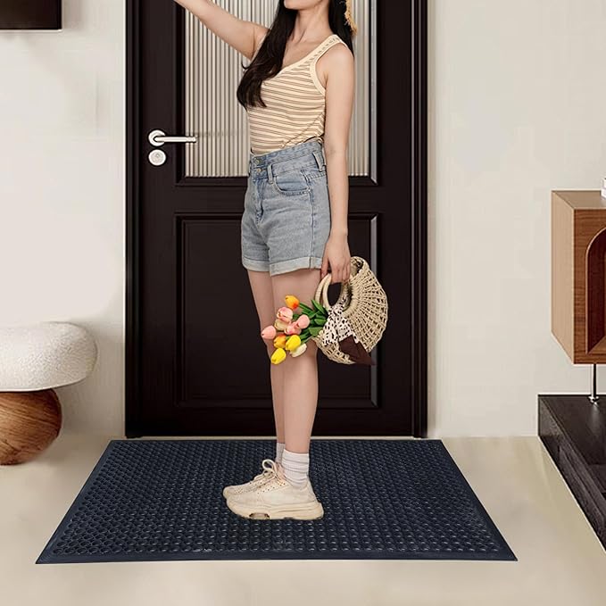 OrangeStar 2 Pack Rubber Floor Mat, 36"x60" Anti-Fatigue Door Mat w/Holes for Restaurant, Kitchen, Bar, Indoor/Outdoor, Black