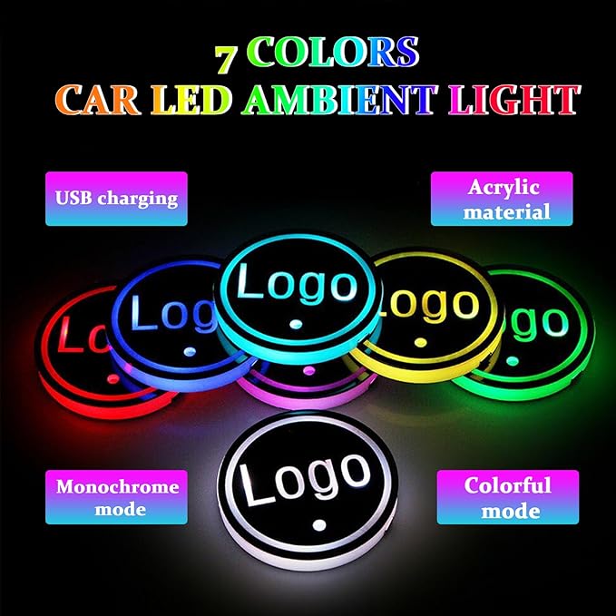 2PCS Personalized Led Cup Holder Lights for Car Custom Car Light Up Coasters for Drinks with Logo Customized Led Car Coasters Accessories 7 Colors
