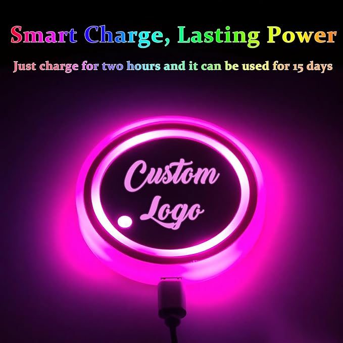 2PCS Personalized Led Cup Holder Lights for Car Custom Car Light Up Coasters for Drinks with Logo Customized Led Car Coasters Accessories 7 Colors