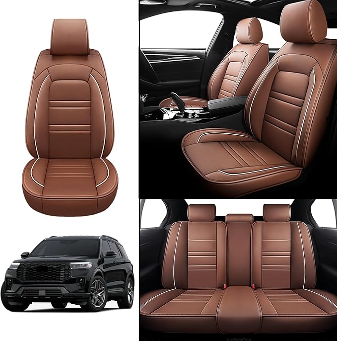 Seat Covers for Ford Explorer 2011-2025 | 5-Seats Leather Seat Covers, Easy to Install Automotive Seat Covers Full Set (Full Set, Coffee)