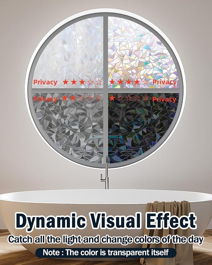 Rainbow Window Privacy Film with Installation Tools, 3D Decorative Vinyl, Stained Glass Decals, Removable, Peep-Proof, Static Cling, Heat Control (23.6 x 78.7 Inch)