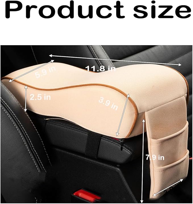 Auto Center Console Armrest Pillow Pad, Car Armrest Cushion Soft Memory Foam with Phone Holder Storage, Pockets Bag Seat Cushion Universal Fit for Most Car (Beige)