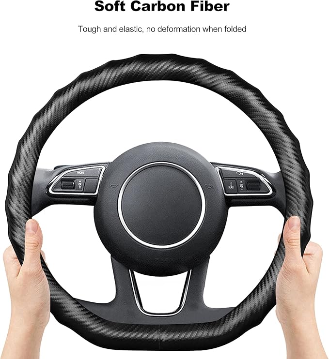 Ergocar Carbon Fiber Material Steering Wheel Cover Anti-Slip Breathable Sweat Absorbent Fashionable Sport Steering Wheel Sleeve for D-Shaped Diameter 15"（37.5-38cm）-Black Ripple