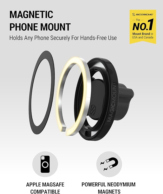 Scosche SMS1CD MagSafe CD Slot Phone Mount, Adjustable Magnetic Cell Phone Holder for Car CD Player, Compatible with iPhone 16 15 14 13 12 Pro Max Mini Plus, Mag Safe Case & More with MagSafe Ring