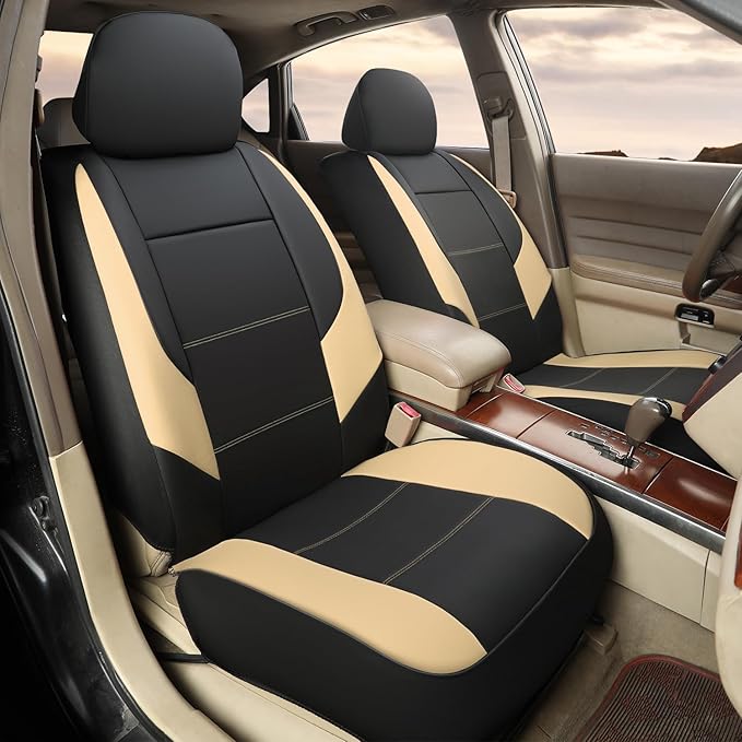 GIANT PANDA Front Seat Cover for Nissan, Leather Seat Protectors Custom Fit Nissan Rogue Altima Sentra Versa Kicks Frontier Murano Pathfinder Maxima (Beige+Black)