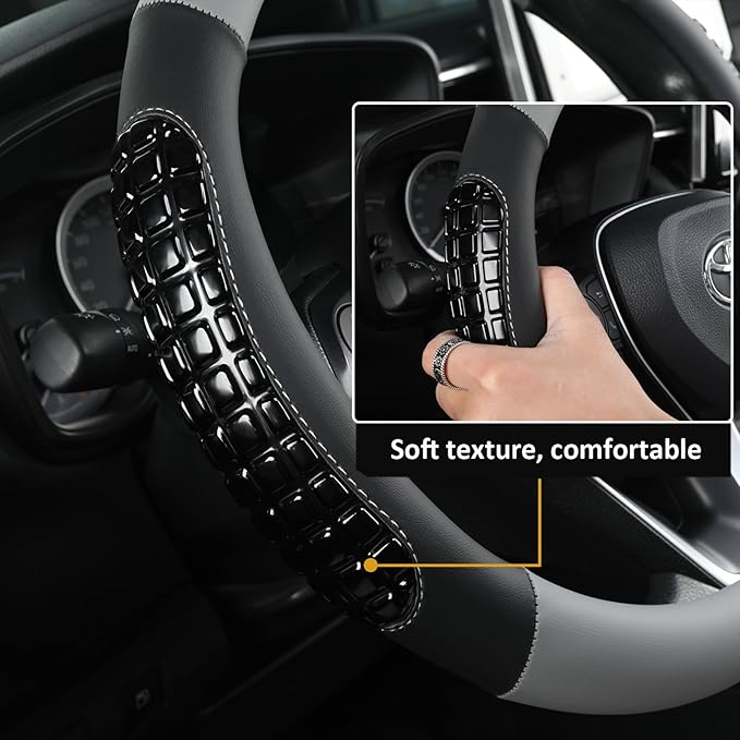West Llama Nappa Leather Car Steering Wheel Cover Gel Massage,Cool in Summer,Universal 15 inch(Gray+Black-Standard Size)