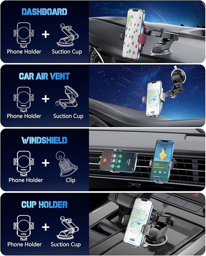 Wireless Car Charger, Fast Charging Phone Holder 3 in 1 Phone Mount Auto Clamping Car Accessories Compatible with iPhone 17 16 15 14 13 12 11 Xs XR, Samsung S23 Ultra S22 S21 S20(Space Grey)