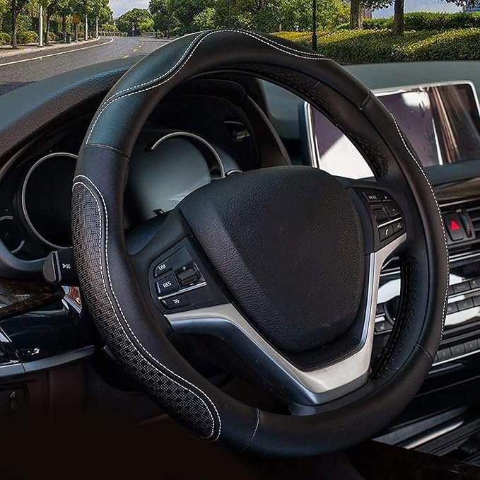 Valleycomfy Leather Steering Wheel Covers Universal 15.75 inch -Breathable, Anti Slip & Odor Free (Black with White Lines,L(15" 1/2-16"))