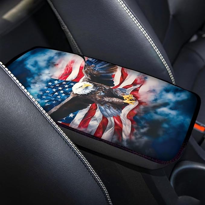 Armrest Cover-Cute Center Console Mat Cars Interior Accessories for Women Men,Protection Pad Fit Most Auto,Vehicle, SUV, Truck Arm Rest Box, Eagle with USA Flag