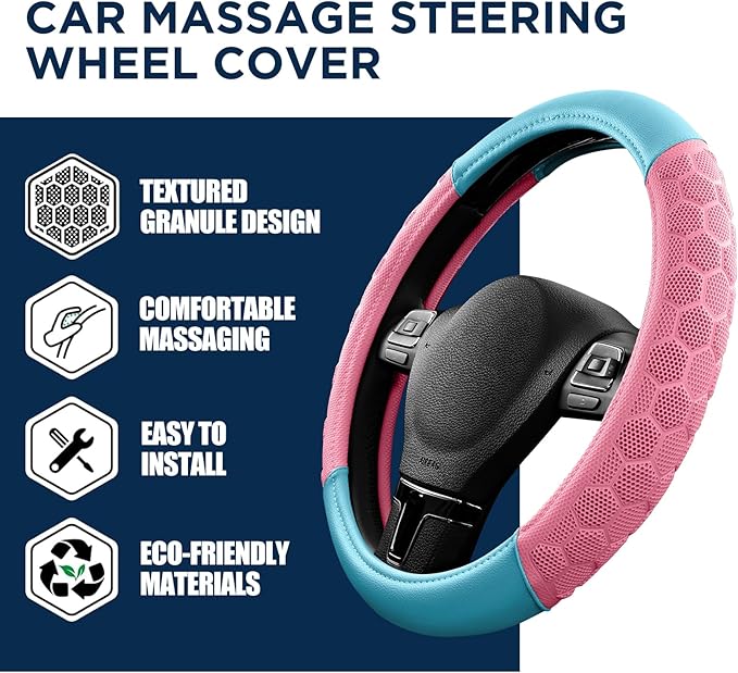PIC AUTO Massage Steering Wheel Cover, Pink Football Pattern Material Spliced & Light Blue Leather Car Steering Wheel Cover, Car Steering Cover, Universal Fit 14.5"-15.5" for Cars, Trucks, Van, SUVs