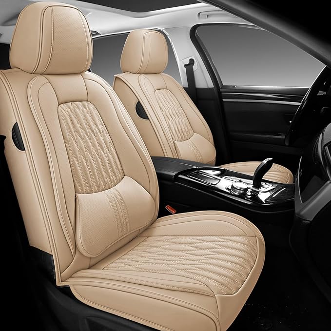 WELLDO Car Seat Covers Full Set, Premium Nappa Leather Seat Covers for Car, Waterproof Car Seat Protector with Lumbar Support, Automotive Seat Covers Universal Fit for Most Cars SUV Truck, Beige-white