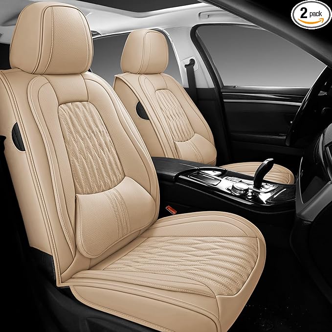 WELLDO Car Seat Covers Full Set,Nappa Leather Seat Covers for Car, Waterproof Car Seat Protector with Lumbar Support, Automotive Seat Covers Universal Fit for Most Cars SUV Truck,Beige