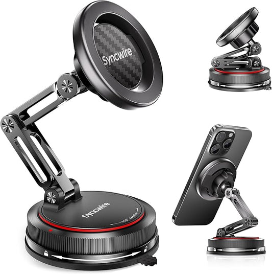SYNCWIRE for MagSafe Car Mount [3-Axis] Nano Adhesive Gel + Strong Suction Cup Magnetic Phone Holder for Dashboard & Windshield, 360° Adjustable for iPhone 17 16 15 14 13 12, Samsung, Carbon Fiber