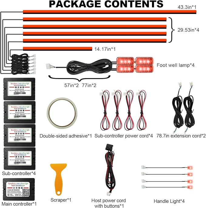 Acrylic Interior Car Lights, AMKI Car LED Strip Light with APP Control, Accessories Car Ambient Light Kit with RGB 14 in 1 and 175 inches 593 LEDs, 16 Million Colors Music Active Neon Lighting