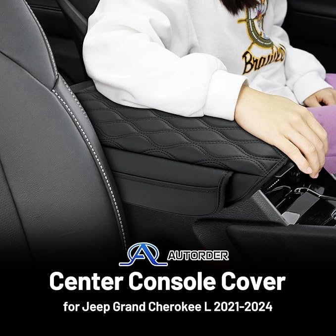 Autorder Center Console Cover for 2021-2025 2026 Jeep Grand Cherokee L Accessories Armrest Cushion Cover Nappa Leather Middle Console Covers Grand Cherokee L Console Cushion Pad Anti-Scratch