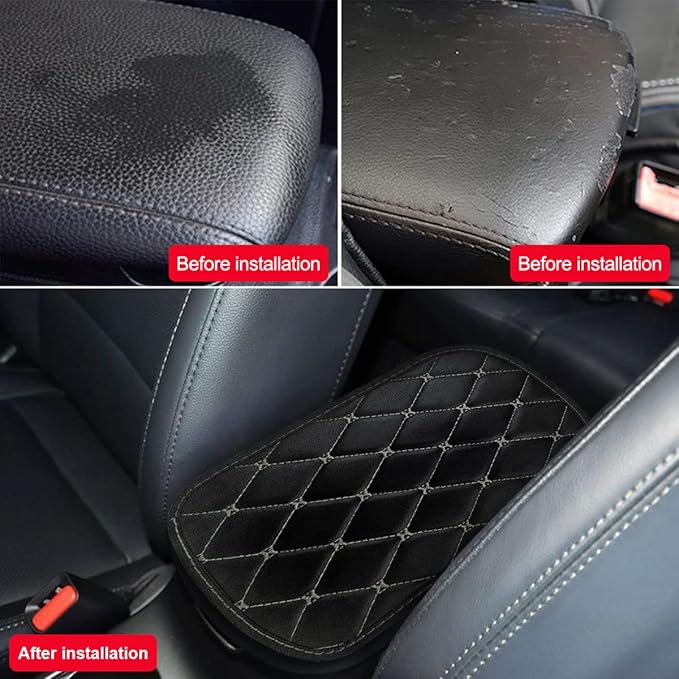 Auto Center Console Pad, PU Leather Car Center Console Box Cushion, Non Slip Soft Armrest Seat Box Cover, Waterproof Vehicle Armrest Protector for SUV, Truck, Car (Rhombic Lattice Black/Beige)