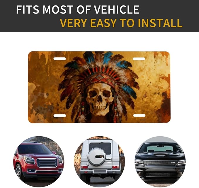 Native American Skull Feathered Hat Front License Plate Car Decorative License Plates Aluminum Metal Decor Accessory Novelty Vanity Tag Cover with 4 Holes for Men Women 6" X 12"