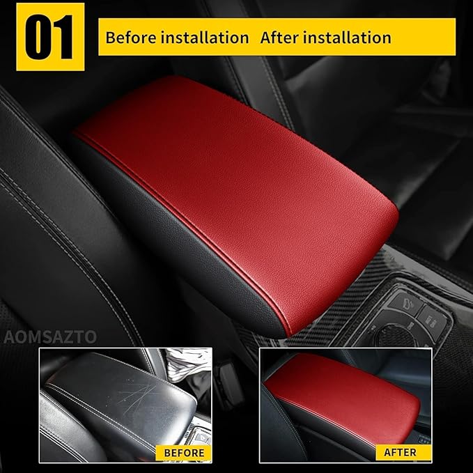 AOMSAZTO Console Covers for 2011-2021 Jeep Grand Cherokee Armrest Covers for Jeep Grand Cherokee Black with Red Leather
