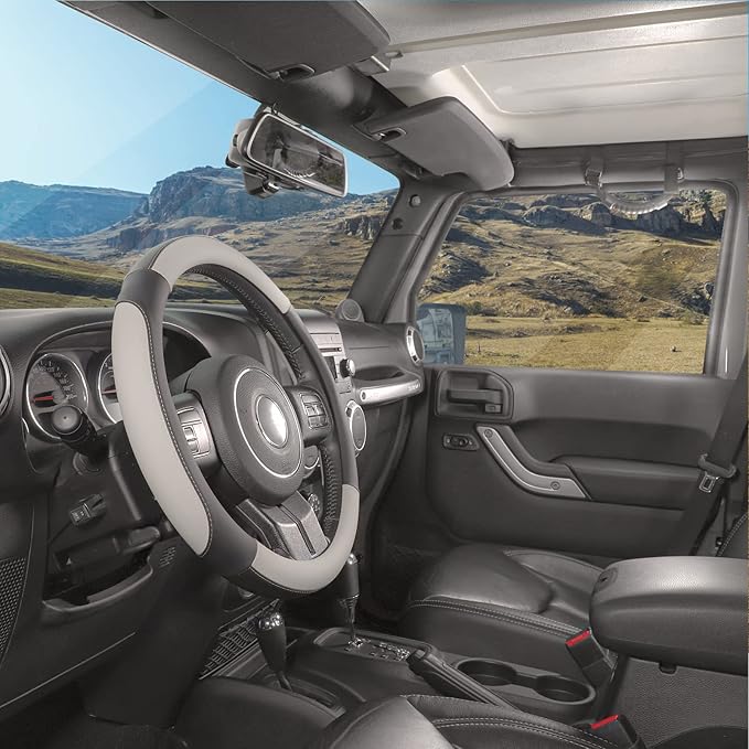 SEG Direct Car Steering Wheel Cover Large Size for F150 F250 F350 Ram 4Runner Tacoma Tundra Range Rover with 15 1/2 inches-16 inches Outer Diameter, Black and Gray Microfiber Leather