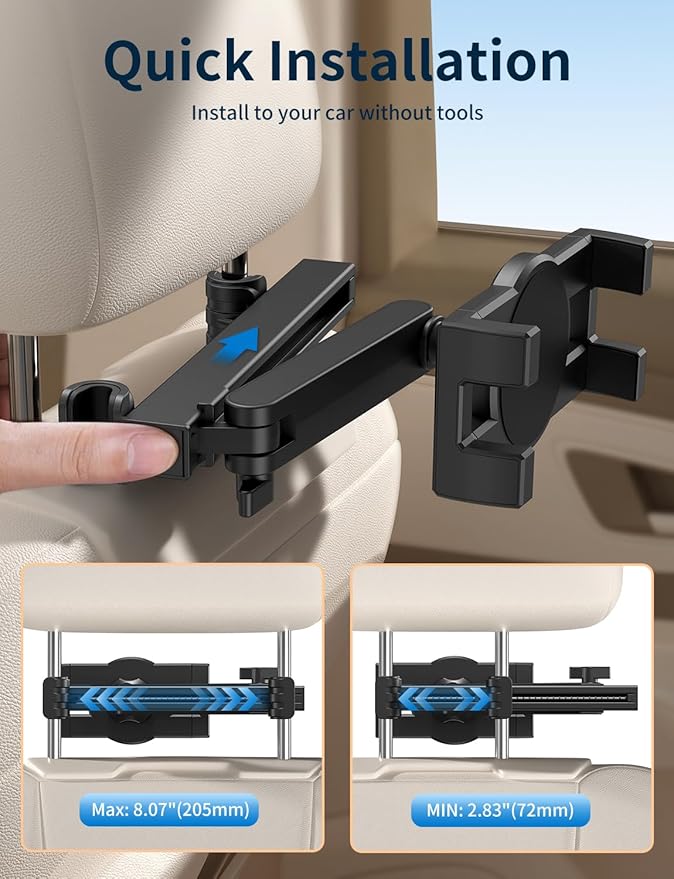 Tablet Holder for Car Headrest, [3 in 1 Adjustable Extension Arm] iPad Car Mount for Back Seat, Road Trip Essentials for Kids, for 4.7-12.9" Like iPad Pro, Air, Mini, Galaxy, Fire HD Tablet