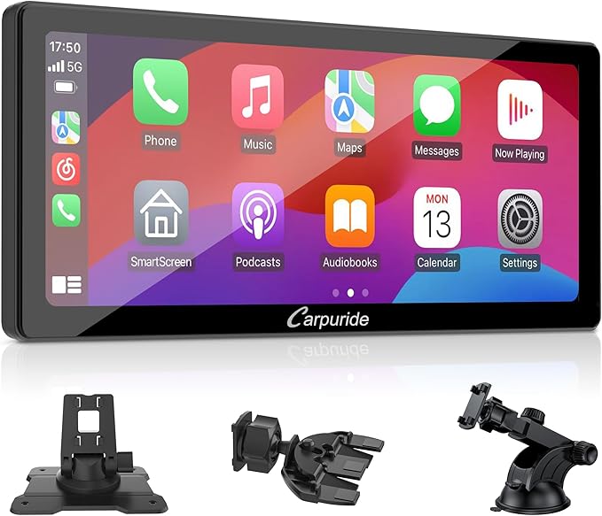 Carpuride W103 Pro with Wireless Bluetooth Transmission Portable Carplay & Android Auto Car Stereo, 10.3 inch 1080P Touch Screen, Mirror Link/GPS/Siri/FM, with 3 Bracket