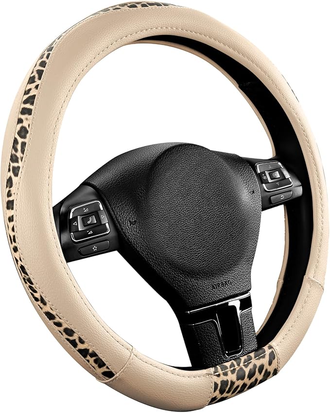 Road Comforts D-Type Steering Wheel Cover - Made with PVC Leather and Leopard Fabric - Universal Fit for 15-Inch D-Shaped Automotive Steering Wheels (Milky White)