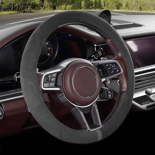 OURTIME Faux Suede Car Steering Wheel Cover, Universal 15 inch,Non-Slip,Comfortable,Soft,Microfiber Breathable Suede Fabric,Warm in Winter and Cool in Summer (Gray)