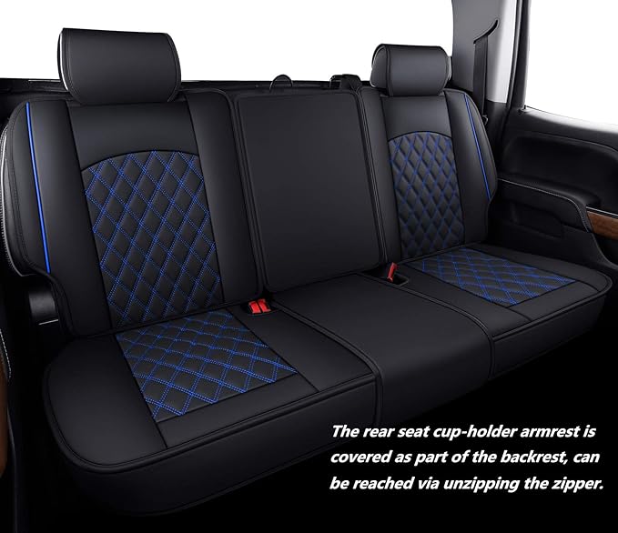 Aierxuan Seat Covers for 2007-2025 GMC Sierra Chevy Chevrolet Silverado 1500 2500HD 3500HD Trail Boss Z71 Crew Double Extended Cab Waterproof Leather Truck Pickup Cuchion(Full Set, Black-Blue)