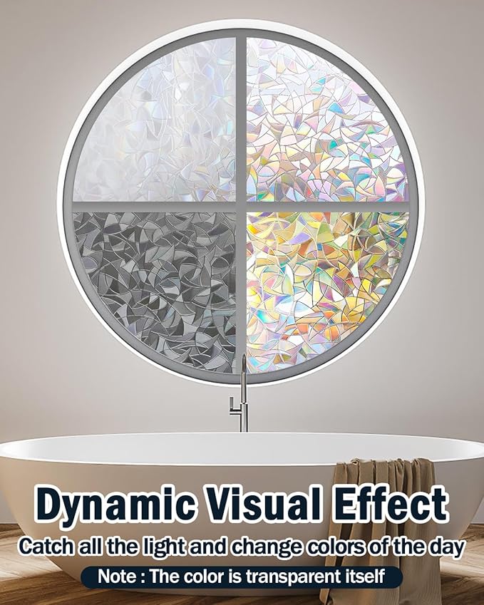 Rainbow Window Privacy Film, 3D Decorative Vinyl, Stained Glass Decals, Removable, Peep-Proof, Static Cling, with Installation Tools (17.5 x 157.5 Inch)