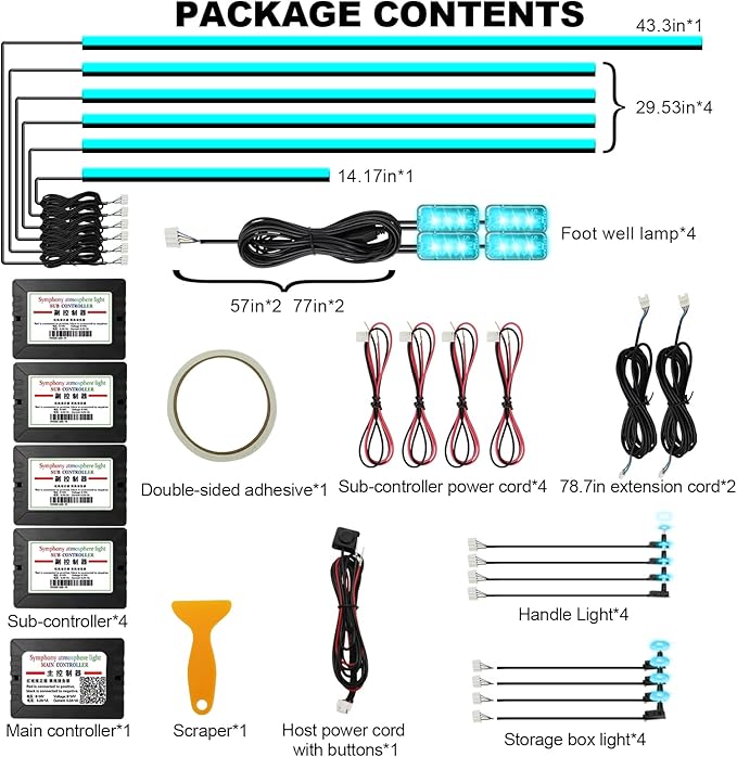 Acrylic Interior Car Lights, AMKI Car LED Strip Light with APP Sub Control, Car Accessories Fiber Optic Car Ambient Lighting Kit with RGB 22 in 1 and 175 inches 593 LEDs 213 DIY and Music Modes DV 12V