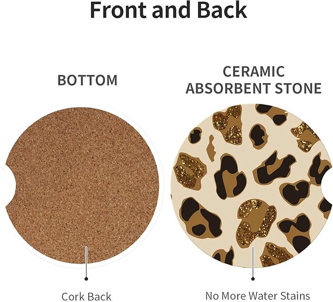 Absorbent Car Coasters for Cup Holders, 2 Pack Universal Anti Slip Ceramic Cup Coaster for Women Men 2.56 Inch Car Interior Accessories - Brown Gold Leopard 006