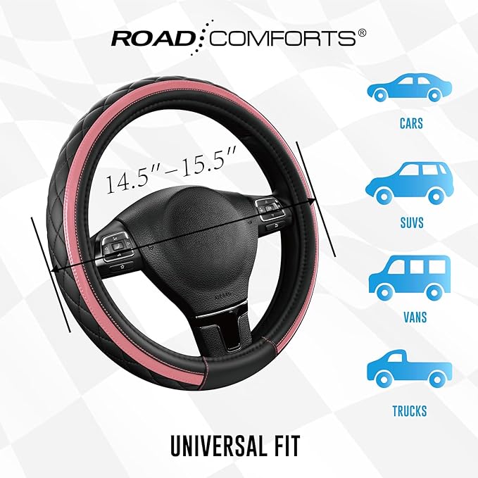 Road Comforts Leather Steering Wheel Cover – Black & Pink, Universal Fit 14.5-15 Inch, Microfiber Leather, Anti-Slip & Breathable Design for Men and Women