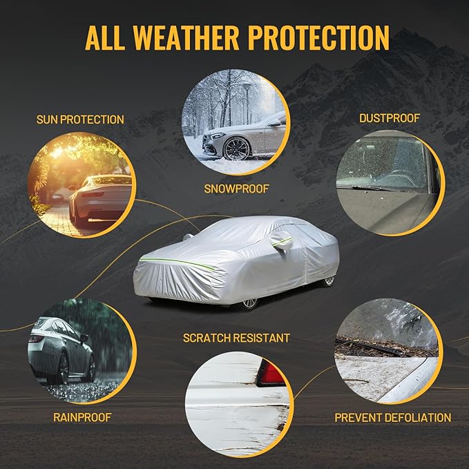 Favoto Sedan Car Cover Waterproof All Weather for Automobiles 6 Layers Heavy Duty Outdoor Rain Sun Snow Protection with Zipper Inner Cotton Universal Fit for Sedan (177-194 inch)