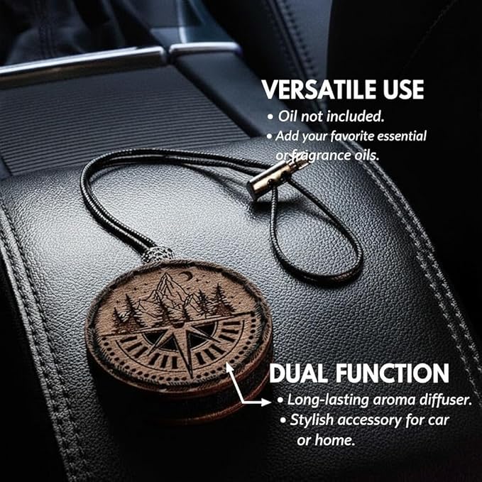 Wood Car Air Freshener — Compass Mountains — Handmade Unscented DIY Essential Oil Hanging Diffuser with Felt Insert — Add Your Own Oils — Refillable — Car/Truck/SUV — Cardboard Box