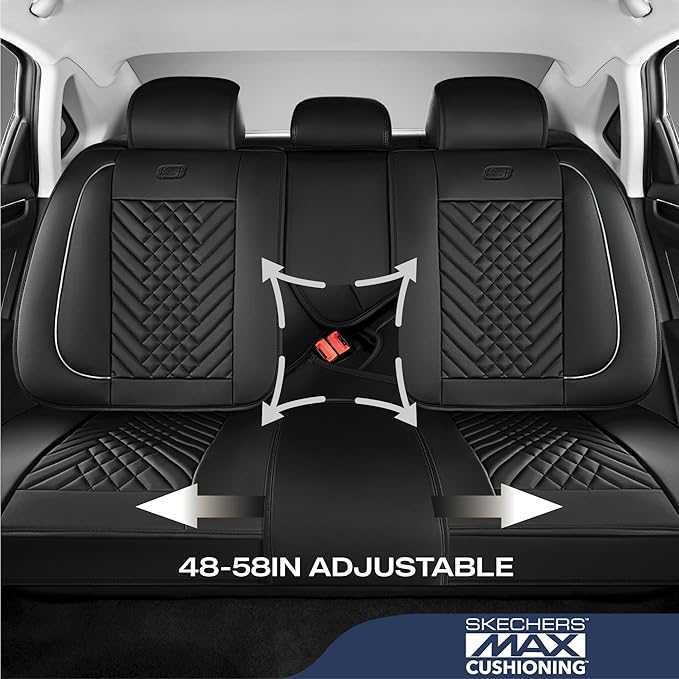 Skechers MAX Cushioning Car Seat Covers,Memory Foam Piping Leather Seat Covers,Waterproof Car Seat Protector Full Set,Car Seat Cushion Airbag Universal Fit for Most Cars,Vans,Trucks,SUV,Grey
