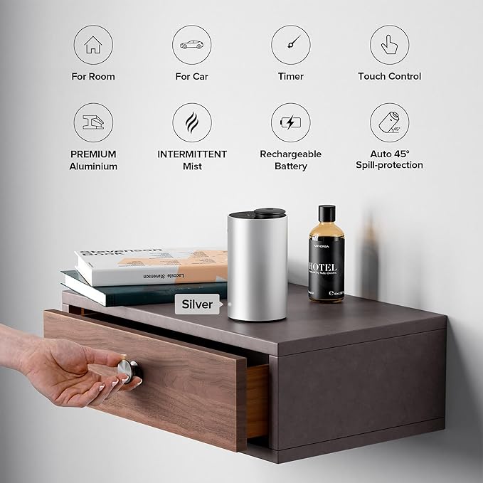 Airversa Waterless Essential Oil Diffuser for Home Aromatherapy Scent Diffusers with 3 Countdown Timer Settings or Timer-Off, 3 Mist Levels for Car Room Studio Office, ANX Premium Metal Silver
