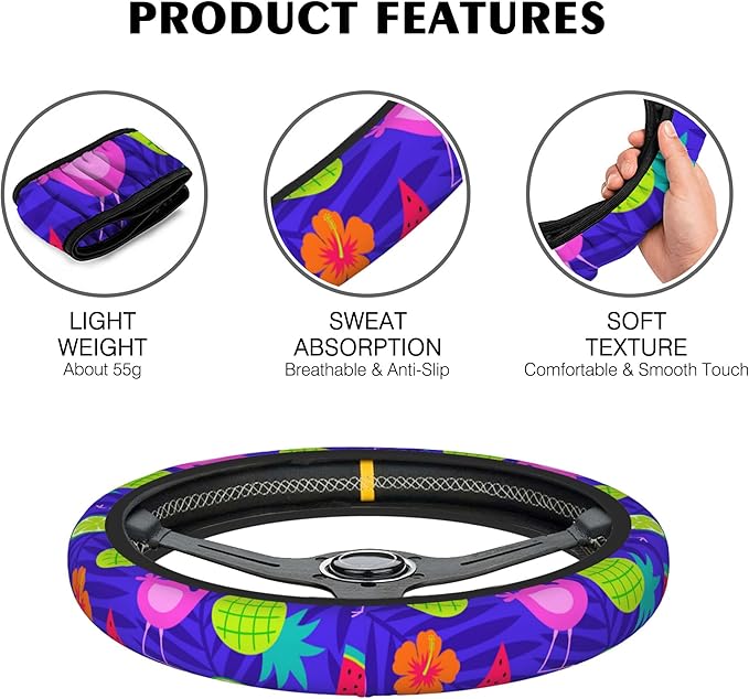 Tropical Flamingo Steering Wheel Covers Hibiscus Fruit Universal 15 Inch Car Wheel Cover,Anti-Slip Breathable Car Accessories Protector Fit for Trucks,Sedans,SUVs,Vans