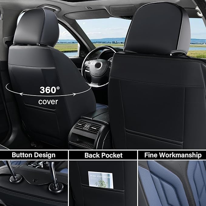Coverado Car Seat Covers Full Set, Automotive Seat Covers Car Seat Protector Car Seat Cushion, Waterproof Leather Seat Covers for Cars, Universal Fit for Most Sedans SUV Pick-up Truck(Black&Blue)