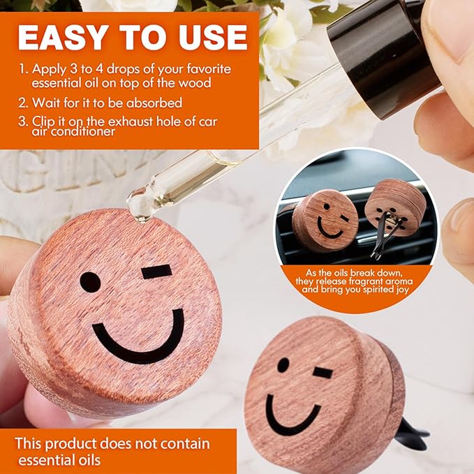 Essential Oil Car Diffuser, 2 PCS Smile Car Aromatherapy Wink Wood Diffuser with Vent Clip
