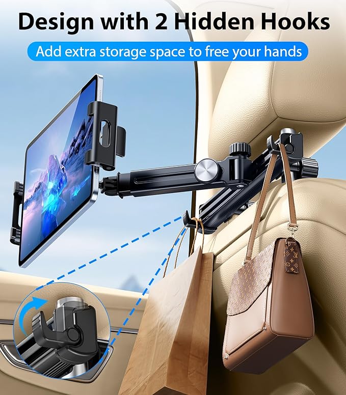 3 in 1 Extension Arm Tablet Holder for Car Headrest with Magnetic Phone Mount Compatible with Magsafe, Adjustable iPad Holder for Car Backseat Rear Facing for Kids Baby, Fit for 4.7"-13", Black