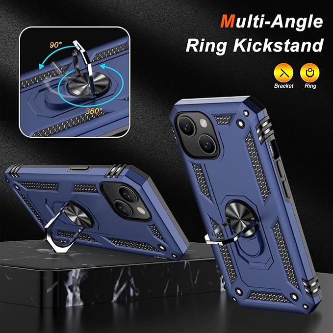 IKAZZ for iPhone 15 Case 6.1 Inch with Screen Protector,Military Grade Shockproof Heavy Duty Protective Phone Cover Pass 16ft Drop Test with Magnetic Kickstand Car Mount Holder,Blue