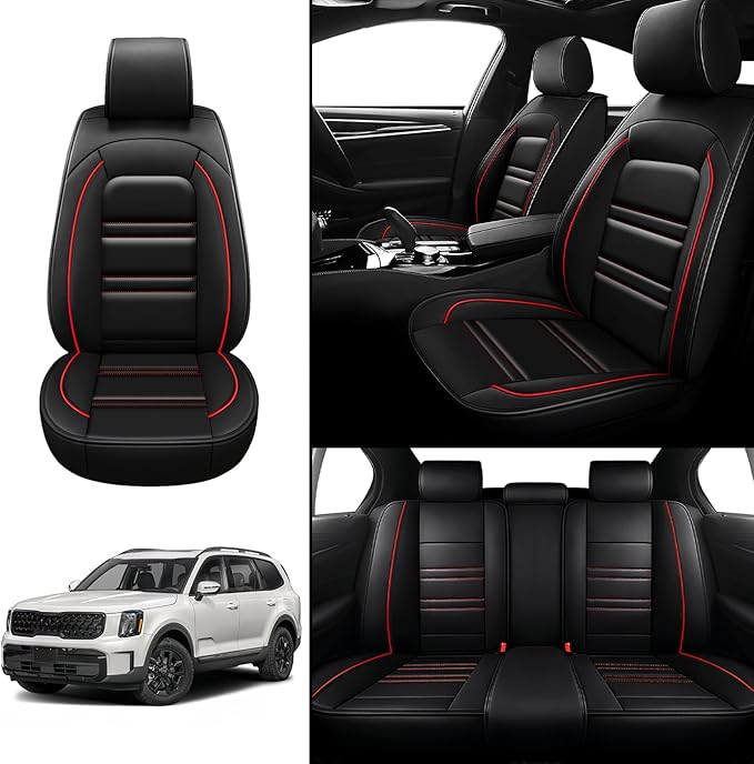 Seat Covers for kia Telluride 2020-2025 | 5-Seats Leather Seat Covers, Easy to Install Automotive Seat Covers Full Set (Full Set, Black&Red Line)