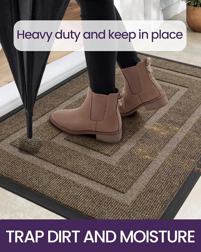 DEXI Front Door Mat Outside Entrance, Heavy Duty Rubber Backed Doormat, Stain and Fade Resistant, Low-Profile Easy Clean Entryway Floor Mats, 4x2, Rectangles Brown