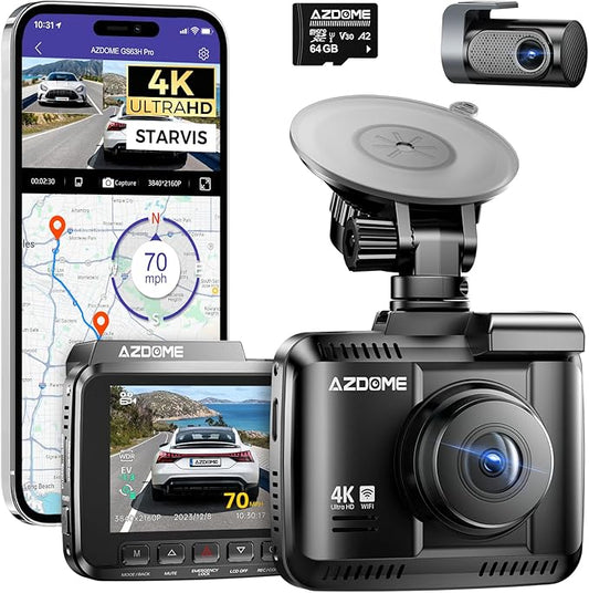 AZDOME 4K Dash Cam Front and Rear, STARVIS Night Vision, UHD 2160P WiFi Dash Camera for Cars with GPS, Included 64GB Card, 2.4" IPS Screen Dashcam, 170°Wide Angle, WDR, 24H Parking Mode (GS63H Pro)