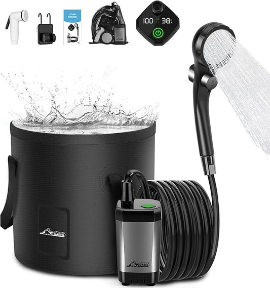 WADEO Portable Camping Shower, 6000mAh Rechargeable Shower Pump, Filtered Shower Head & 5 Gallons Foldable Bucket, Outdoor Shower for Hiking Beach, Travel, Pet Bath, Car Washing, Surf & Boat Cleaning