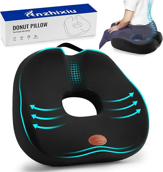 Donut Pillow, Hemorrhoid Pillow for Sitting, Donut Pillow for Tailbone Pain Relief Cushion, Two Humps Hip Comfortable Design, Doughnut Pillow, Butt Pillows for Postpartum Pregnancy, XL Size Black